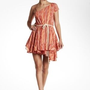 Free People One-Shoulder Asymmetrical Red Orange Pink Print Dress Small